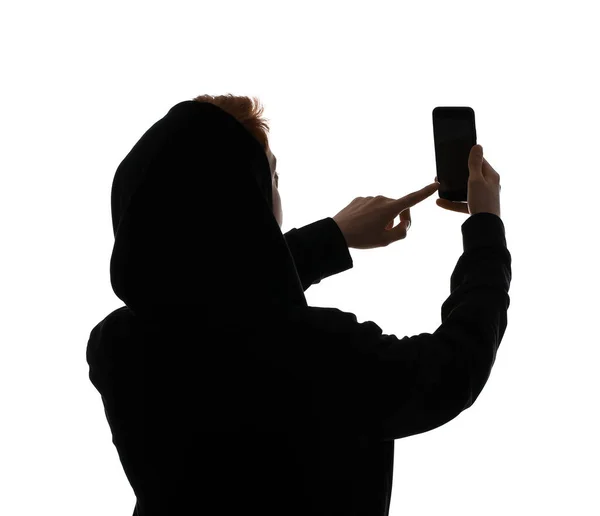 Silhouet Van Hacker Met Mobiele Telefoon Witte Achtergrond — Stockfoto