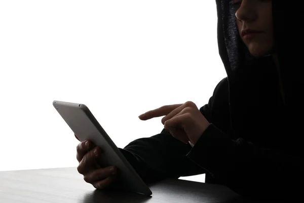 Silhouette Hacker Tablet Computer White Background — Stock Photo, Image