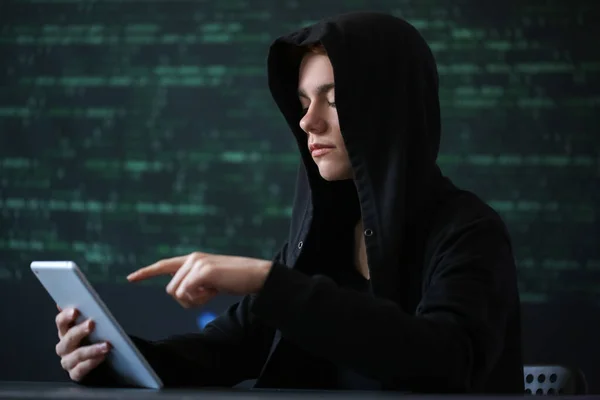 Hacker Tablet Computer Dark Background — Stock Photo, Image