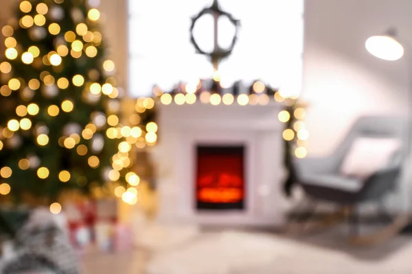 Interior Sala Estar Decorada Para Navidad Con Chimenea Vista Borrosa —  Fotos de Stock