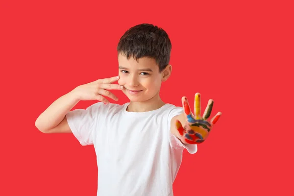 Little Boy Hand Paint Color Background — Stock Photo, Image