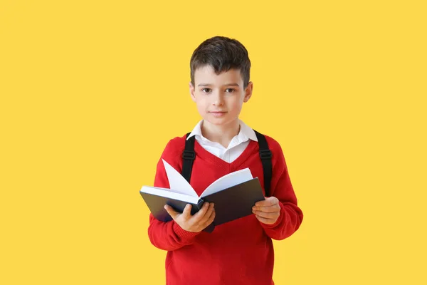 Kleiner Schuljunge Liest Buch Auf Farbigem Hintergrund — Stockfoto