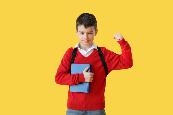 色の背景に本を持つ小さな学校の少年 — ストック写真