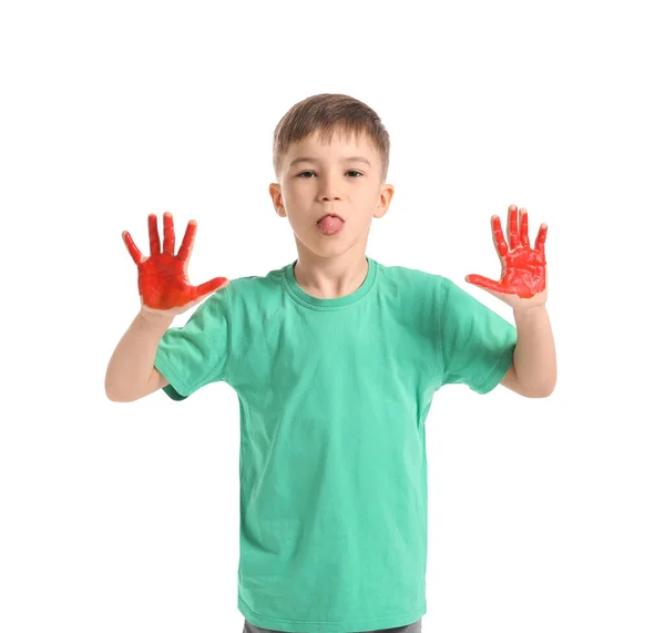 Malý Chlapec Rukama Barvě Ukazující Jazyk Bílém Pozadí — Stock fotografie