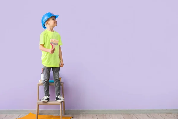 Little Boy Paint Brushes Color Wall — Stock Photo, Image