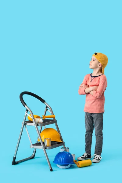 Little Boy Painter Supplies Color Background — Stock Photo, Image