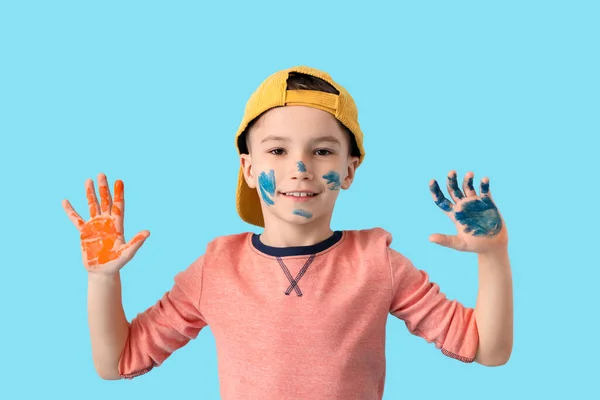 Little Boy Hands Face Paint Color Background — Stock Photo, Image