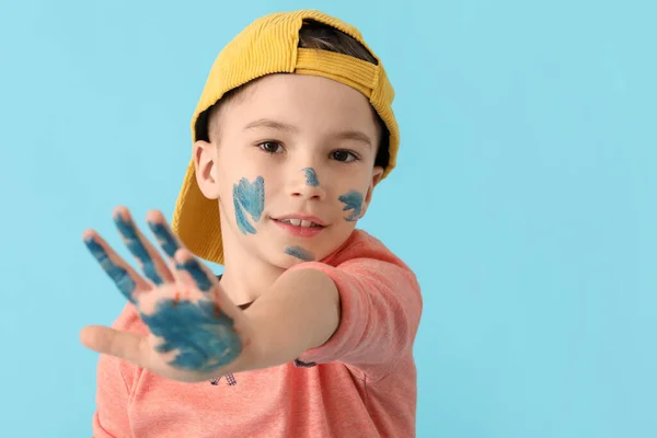 Little Boy Hand Face Paint Color Background — Stock Photo, Image