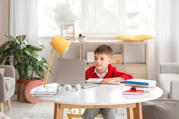 Little Schoolboy Studying Online Home — Stock Photo, Image