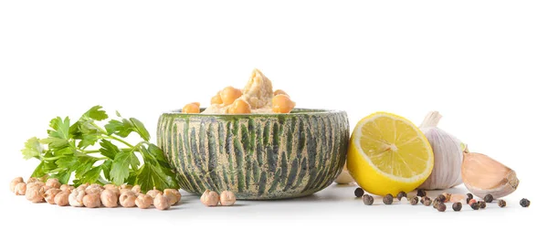 Bowl Tasty Hummus Ingredients Color Background — Stock Photo, Image