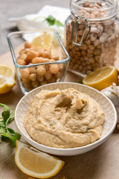 Bowl Tasty Hummus Ingredients Table — Stock Photo, Image