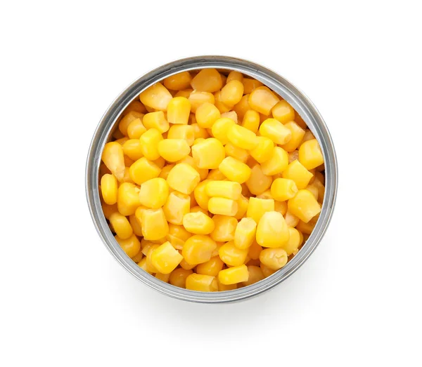 Opened Tin Can Corn Kernels White Background — Stock Photo, Image