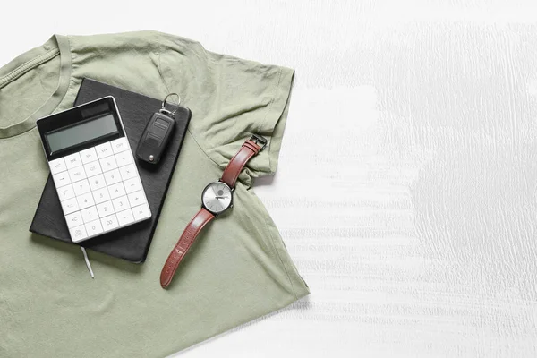 Composition Stylish Shirt Car Key Wrist Watch Notebook Calculator Light — Stock Photo, Image