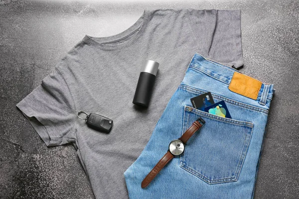 Composition Stylish Shirt Jeans Car Key Wrist Watch Dark Background — Stock Photo, Image