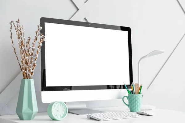 Stylish Workplace Modern Computer Light Background — Stock Photo, Image