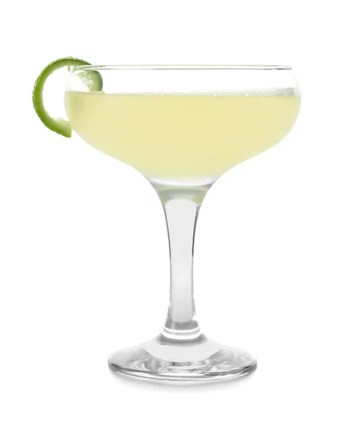 Glas Smakelijke Daiquiri Cocktail Witte Achtergrond — Stockfoto