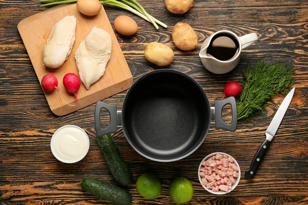 Cooking Pot Ingredients Okroshka Wooden Background — Stock Photo, Image