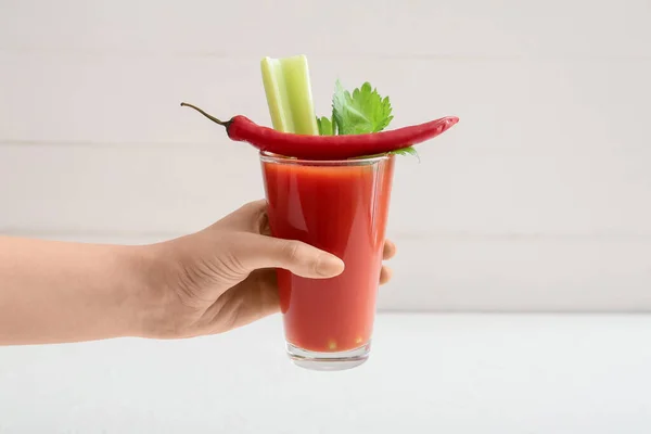 Woman Holding Glass Bloody Mary Cocktail Garnished Red Chili Pepper — Stock Photo, Image