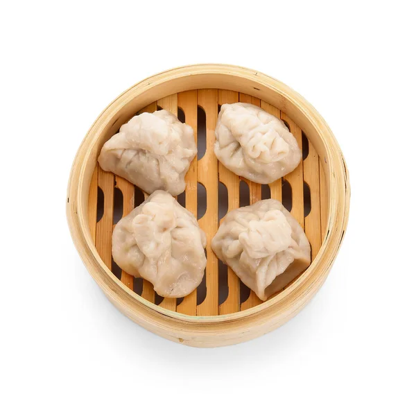 Bamboo Steamer Tasty Dumplings White Background — Stock Photo, Image