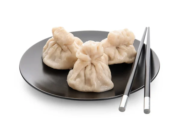 Plate Tasty Dumplings Chopsticks White Background — Stock Photo, Image