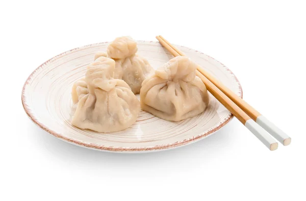 Plate Tasty Dumplings Chopsticks White Background — Stock Photo, Image