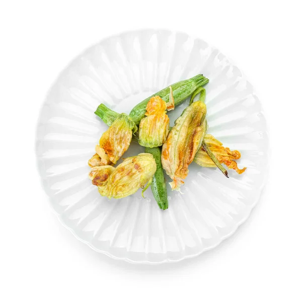 Plate Fried Zucchini Flowers White Background — Stock Photo, Image