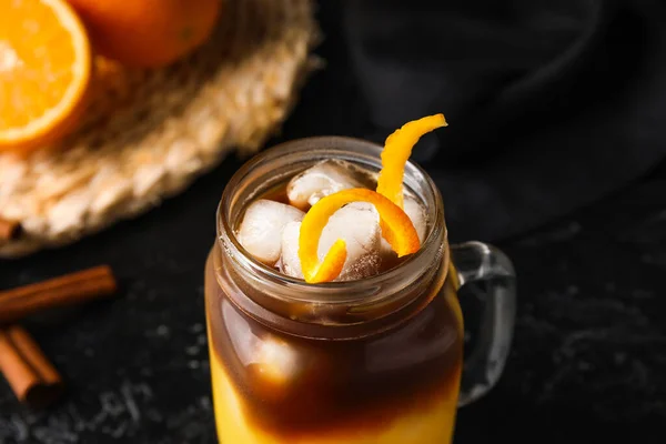 Mason Jar Tasty Coffee Orange Juice Dark Background Closeup — Stock Photo, Image