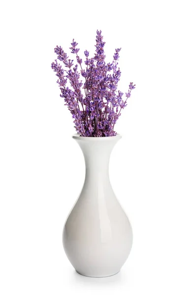 Vase Beautiful Lavender Flowers White Background — Stock Photo, Image