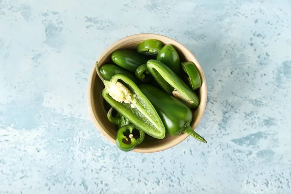 Bowl Cut Green Jalapeno Peppers Color Background — Stock Photo, Image