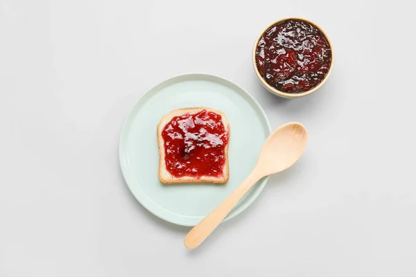 Tasty Sandwich Cherry Jam Light Background — Stock Photo, Image