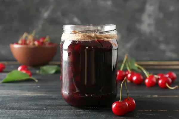 Jar Tasty Cherry Jam Dark Background — Stock Photo, Image