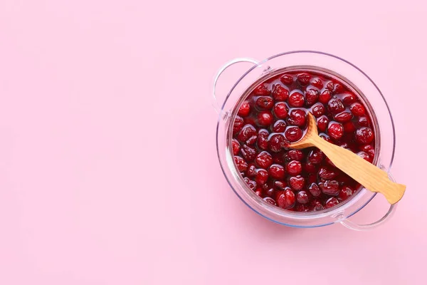 Cooking Pot Tasty Cherry Jam Color Background — Stock Photo, Image