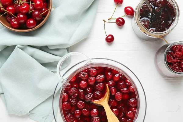 Composition Tasty Cherry Jam Light Wooden Background Closeup — Stock Photo, Image