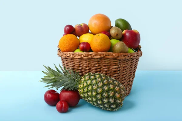 Basket Fresh Fruits Color Background — Stock Photo, Image