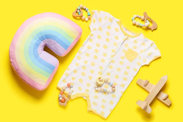 Stylish Baby Clothes Toys Color Background — Stock Photo, Image