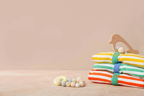 Stylish Baby Clothes Toys Color Background — Stock Photo, Image