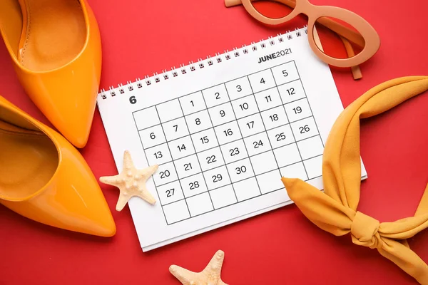 Calendar Starfishes Female Accessories Color Background — Stock Photo, Image