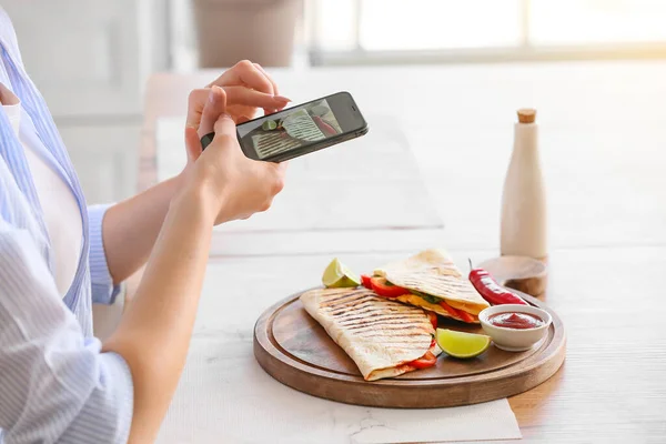 Young Woman Taking Photo Tasty Quesadilla Home — Stock Photo, Image