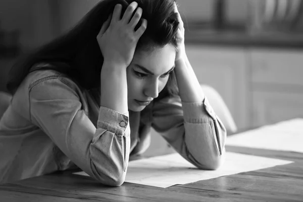 Black While Portrait Depressed Young Woman Home — Stock Photo, Image