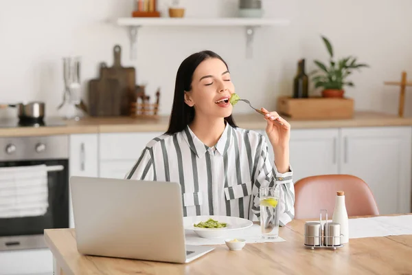 Beautiful Young Woman Eating Tasty Ravioli Home — Stock Photo, Image