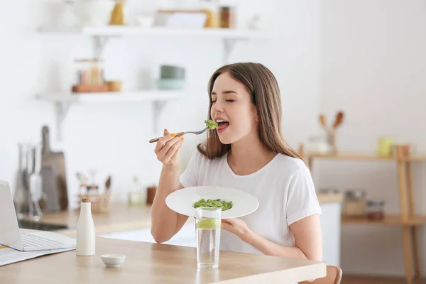 Beautiful Young Woman Eating Tasty Ravioli Home — Stock Photo, Image