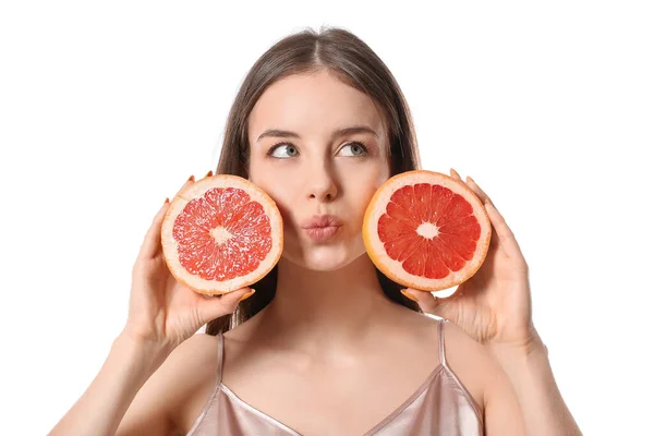 Beautiful Young Woman Juicy Grapefruit White Background — Stock Photo, Image