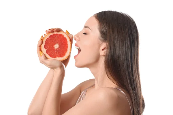 Beautiful Young Woman Juicy Grapefruit White Background — Stock Photo, Image