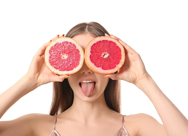 Funny Young Woman Juicy Grapefruit White Background — Stock Photo, Image