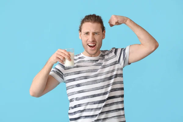 Happy Young Man Glass Milk Color Background — Stock Photo, Image