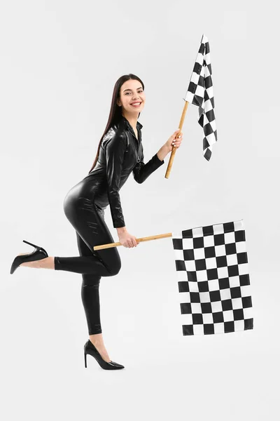 Beautiful Young Woman Racing Flags Light Background — Stock Photo, Image