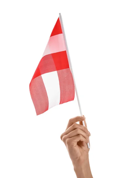 Žena Ruka Vlajkou Lotyšska Bílém Pozadí — Stock fotografie