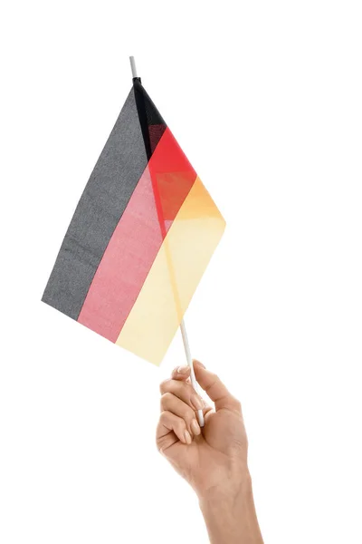 白地にドイツの旗を掲げた女性の手 — ストック写真