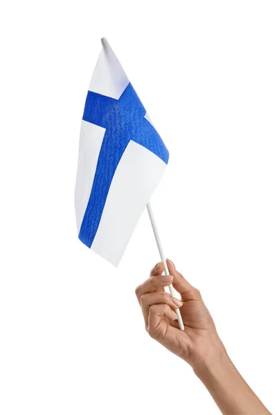 Kvinnlig Hand Med Finlands Flagga Vit Bakgrund — Stockfoto