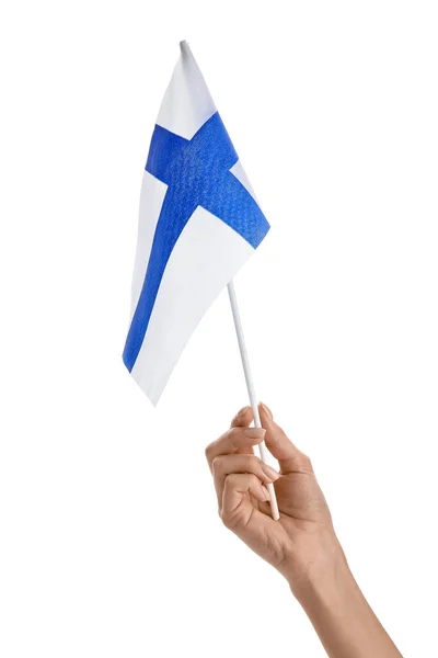 Kvinnlig Hand Med Finlands Flagga Vit Bakgrund — Stockfoto